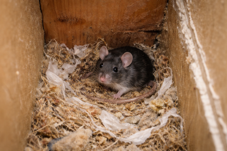 A mouse makes a nest in the cavity of a wall.