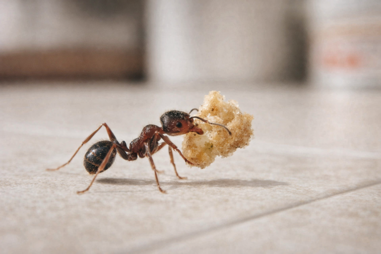 An ant carries a crumb across a kitchen floor.