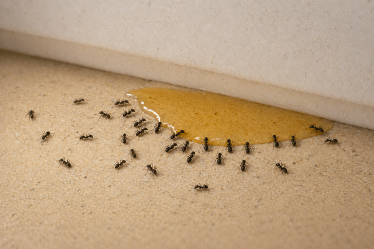 A group of ants surround a spilled liquid on a countertop.