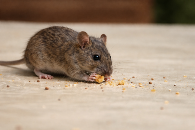 A mouse eats crumbs off the floor.