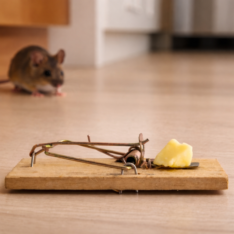 A mouse looks at a loaded mouse trap from a distance.