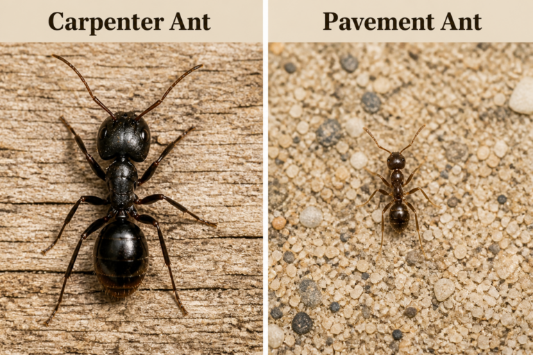 A side-by-side image showing a carpenter ant and a pavement ant.