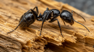 A close-up image of a carpenter ant on a piece of wood.
