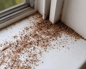 Carpenter ant frass on a windowsill.
