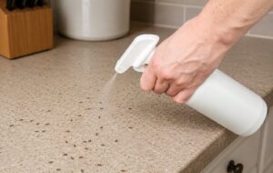 A homeowner sprays ants on a kitchen counter.