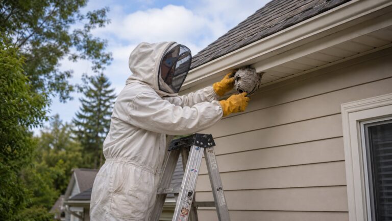 A technician dressed in a beekeeper suit, removing a paper wasp nest from the roofline of a house.