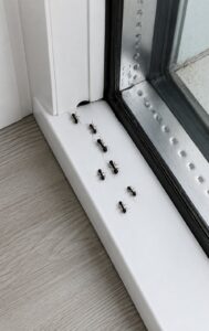 A trail of ants coming from a small hole in a windowsill.