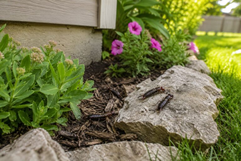 A group of earwigs in a garden.