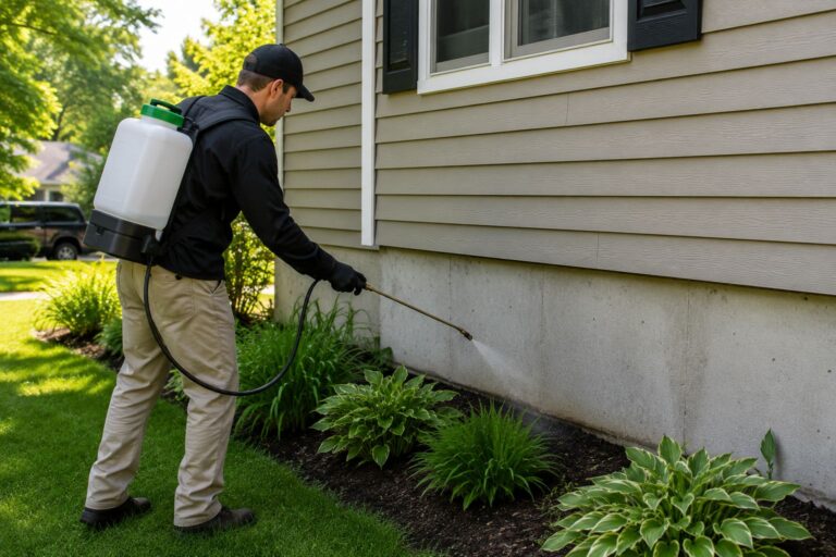 A pest control technician spraying the exterior of a house.
