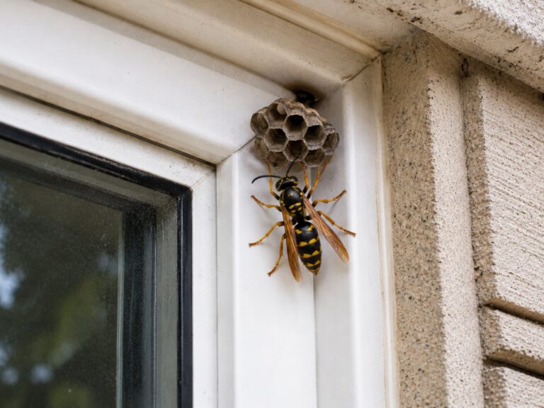 A wasp building a nest in the corner of a window.