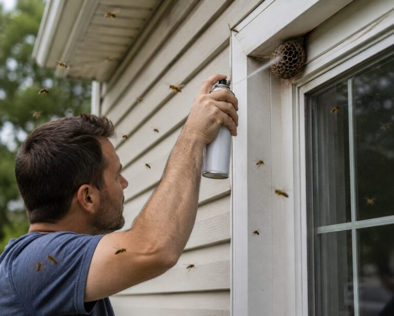 A homeowner spraying a wasp nest while wasps fly around.