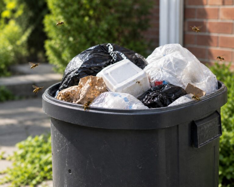 Wasps flying around a garbage bin filled with trash.