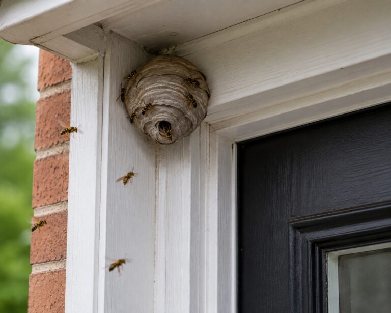 Wasps flying around a wasp nest in the corner of a doorway.