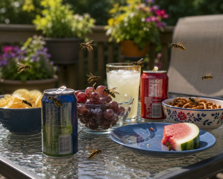 Wasps flying around food on a picnic table.