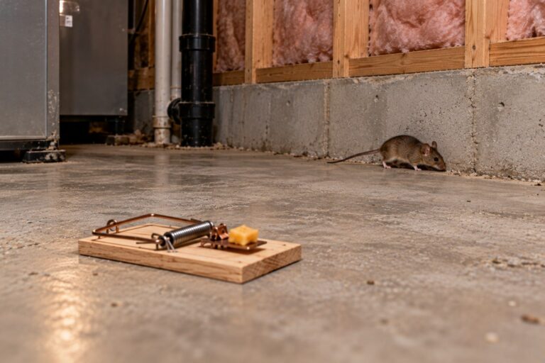 A mouse walking along a basement wall with a mouse snap trap in the middle of the room.
