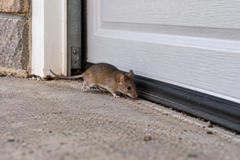 A mouse walking along a garage door.