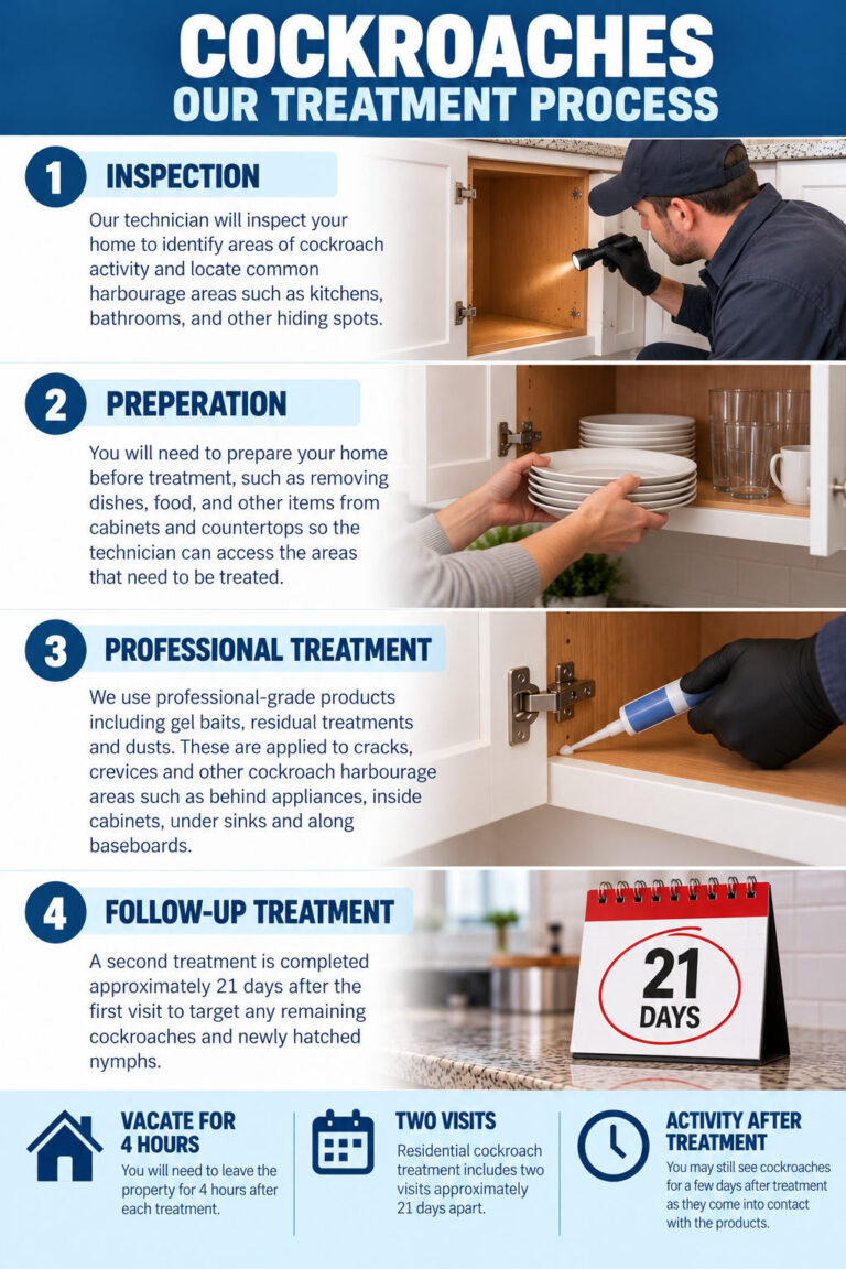 An infographic about the treatment process for cockroaches.