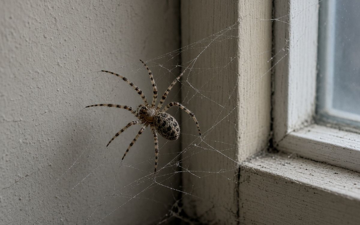 House spider on its web beside a window frame — spider control in Dunnville